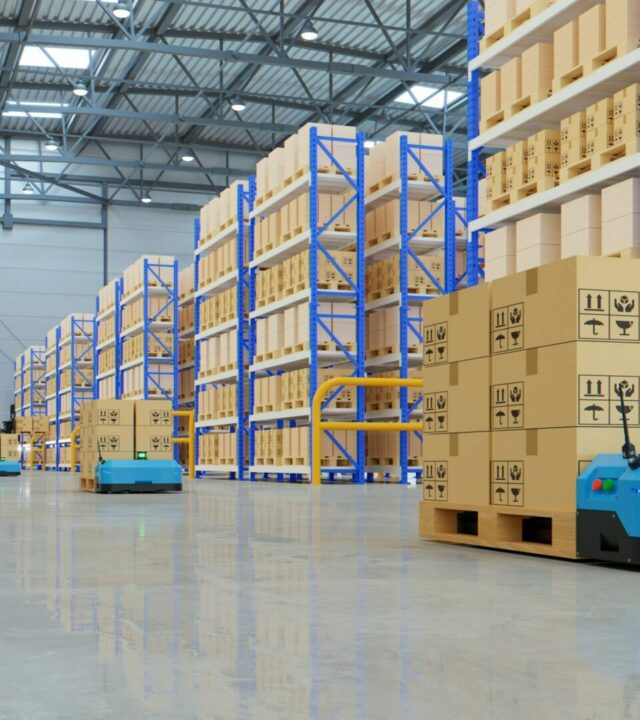 Robots efficiently sorting hundreds of parcels per hour,pallet lifter AGV.3d rendering